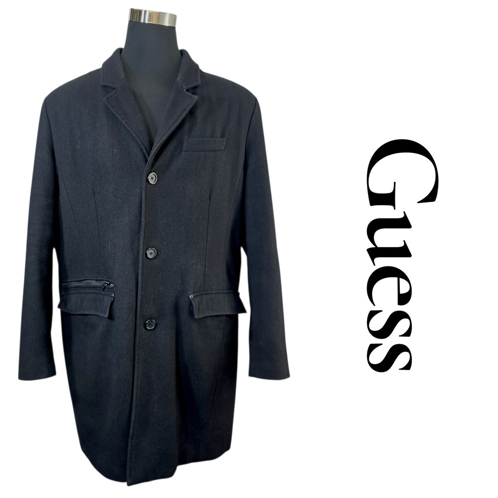 Guess Mens Wool Blend Overcoat Peacoat Black Quilted Lining Car Coat‎ XL